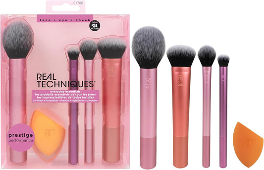 Real Techniques Everyday Essentials + Makeup Sponge Kit, Makeup Brushes and Makeup Blender Sponge, For Foundation, Blush, Bronzer, Eyeshadow, and Powder, Synthetic Bristles, Cruelty Free, 5 Piece Set